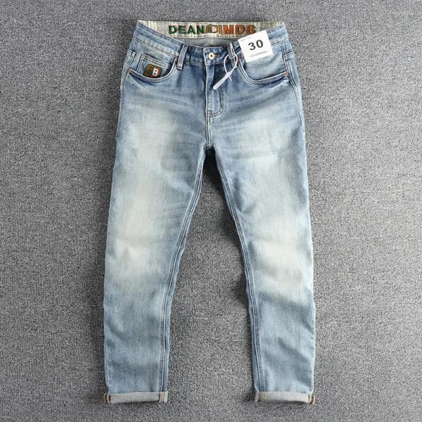 Herren-Jeans, gewaschen, hellblau, gemahlen, weiß, Frühling, amerikanische Modemarke, kleine gerade Beine, Retro, lässige Jugendhose