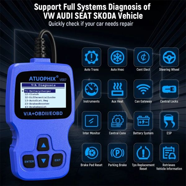 Autophix V007 Auto Diagnosescanner für Golf Gol Passat A4 A6 Q7 ABS SRS Öl Reset OBD2 Automobilscanner für VW Audi