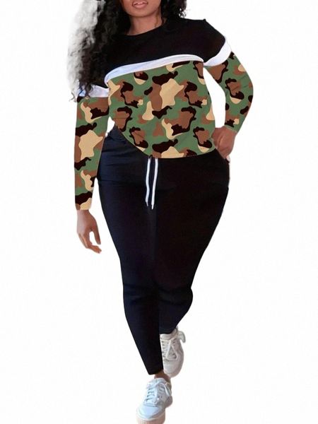 lw Plus Size Tuta da donna 2 pezzi Set Camo Stampa pantaloni con coulisse Set manica lg Primavera Felpe Pantaloni Fi femminili Sui Q33b #