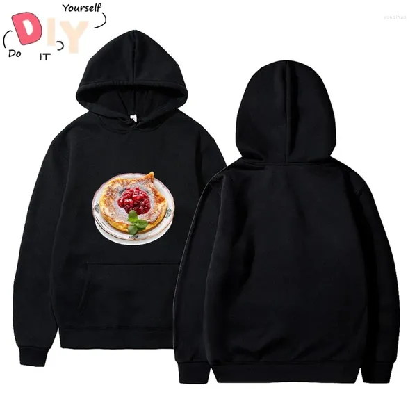 Hoodies masculinos cobertos com açúcar em pó e compota de frutas servidas em uma placa de panqueca alemã vintage com capuz masculino moda impressa coreana