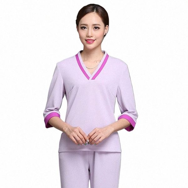 Conjunto de laboratório Jaqueta + Calça Hotel Garçom Aviati Uniforme Mulheres Manga Curta Uniforme Médico Lady Beauty Sal SPA Fi Uniforme de Trabalho Q8GH #