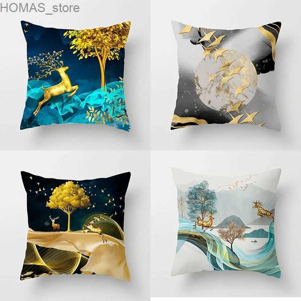 Kissen 45x45cm Golden Deer Tree Forest Scenery Hülle Sofa Sitz Kopfteil Kissenbezug moderne luxuriöse Heimdekoration Hülle Y240401