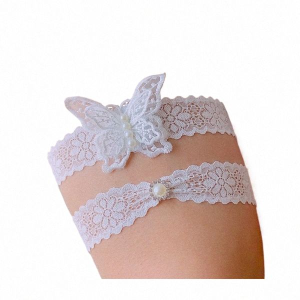 Kyunovia Casamento Nupcial Garter Stretch Lace Nupcial Garter Set Design Borboleta com Broche de Pérola para Casamento Algo Azul KG02 r1c0 #