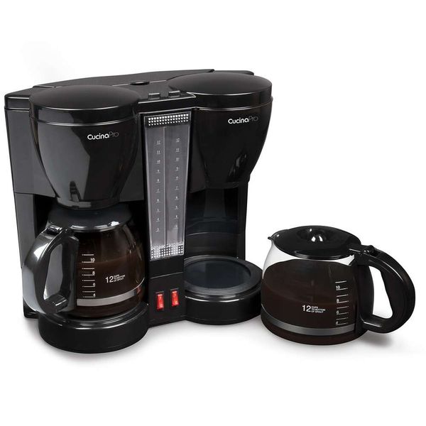 Doppelte Kaffeebrühstation – die doppelte Tropfmaschine kann zwei 12-Tassen-Kannen aufbrühen und so normalen oder keinen Kaffee auf einmal zubereiten, mit separaten Heizelementen, 2 Gläsern