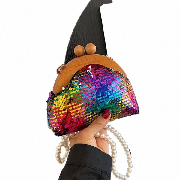 Renkli Sequin Akşam Debriyaj Çantası Kadınlar için 2023 Yeni Ahşap Klip Çanta Çanta Lady Retro İnci Zinciri Omuz Crossbody Bag Mini 0620#