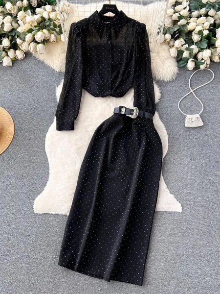 Vestidos de trabalho outono elegante ol polka dot preto duas peças conjunto feminino acolchoado ombro chiffon camisa cinto superior saia srtaight ternos longos