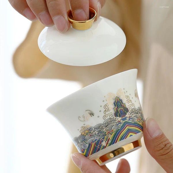 Set da tè Set da tè in ceramica Zuppiera Set da tè in porcellana cinese dipinta a mano in smalto colorato Dehua Tazze da tè Gaiwan fatte a mano in bianco