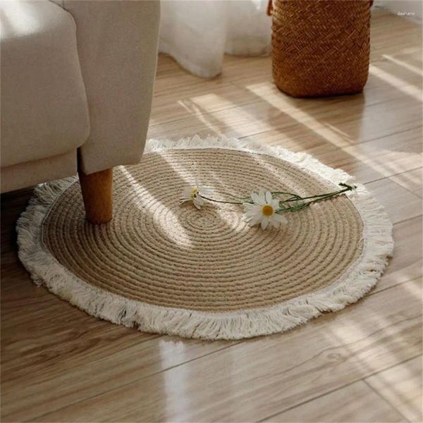 Halılar 45cm jüt zemin halı el yapımı vintage el dokuma rattan kilim ile püskül dekor keten pamuklu paspaslar ev için nordic