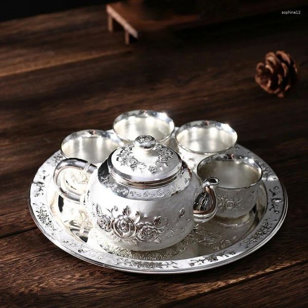 Conjuntos de chá Chinês Handmade Gilt Silver Tea Set Home Office Bandeja Bule Cup Rose Banhado