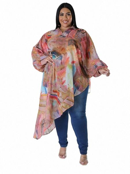 Waterarea Plus Size Mulheres Fi Floral Impresso Lg Manga Alta Baixa Irregular Maxi Blusa e Camisas Soltas J2gG #