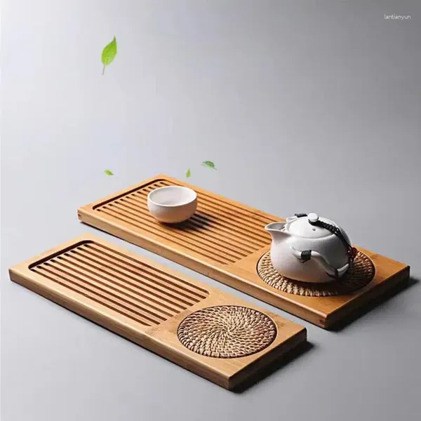 Bandejas de chá bandeja de madeira de bambu sólido rattan esteira retângulo servindo mesa prato de armazenamento para el acessórios pires