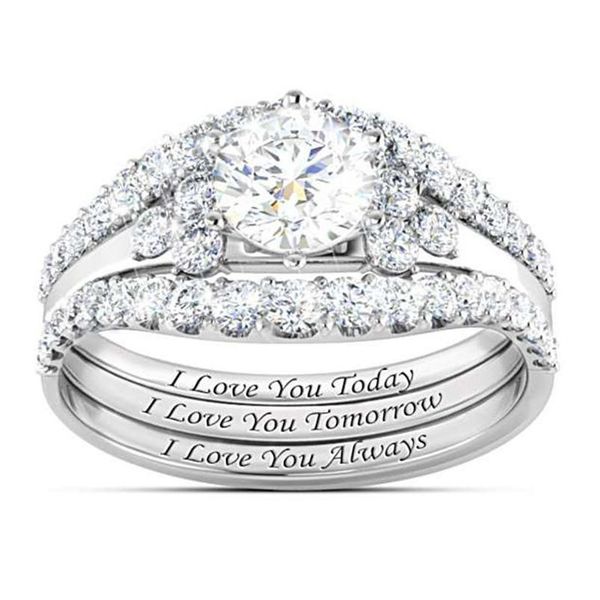 Com pedras laterais luxo sier ouro três em um anéis de diamante empilháveis eu te amo sempre noivado anel de casamento aniversário d dhr6n