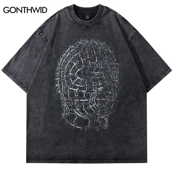 Maglietta da uomo Hip Hop Streetwear Maglietta da ferro modello testa umana Maglietta grafica in cotone nero Maglietta allentata Harajuku Oversize Tops Tees 240329