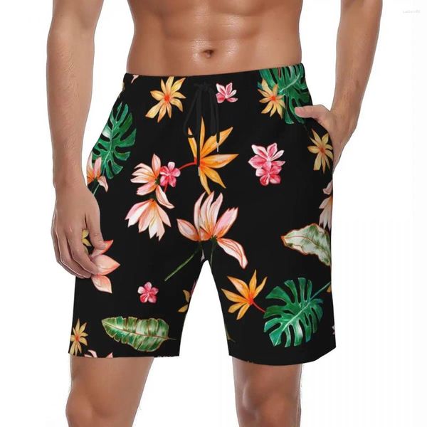 Herren-Shorts, Blumenmuster, Sommer-Motiv, Palmenblatt, trendig, lässig, Strand, kurze Hosen, Männer, Surfen, bequem, individuell gestaltete DIY-Badehose