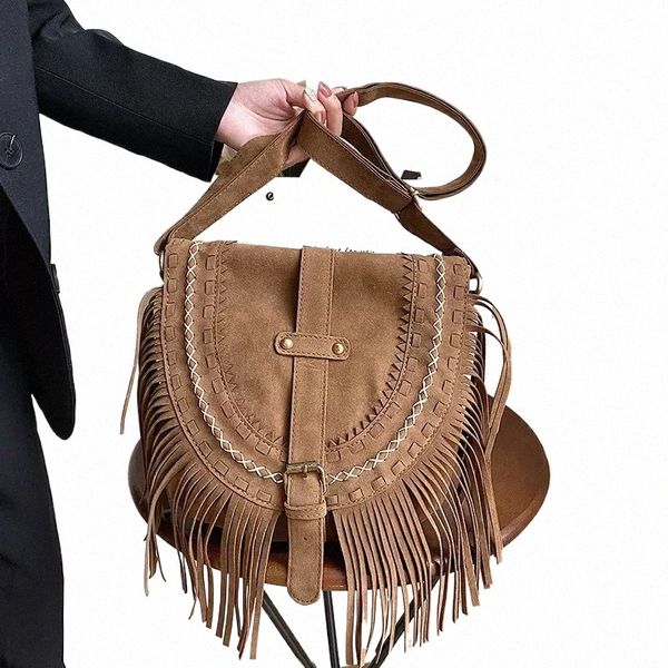 2023 mulheres franjas menger saco camurça borla boho hippie cigano boêmio fi rebite bolsa de ombro crossbody bolsa e1nB #