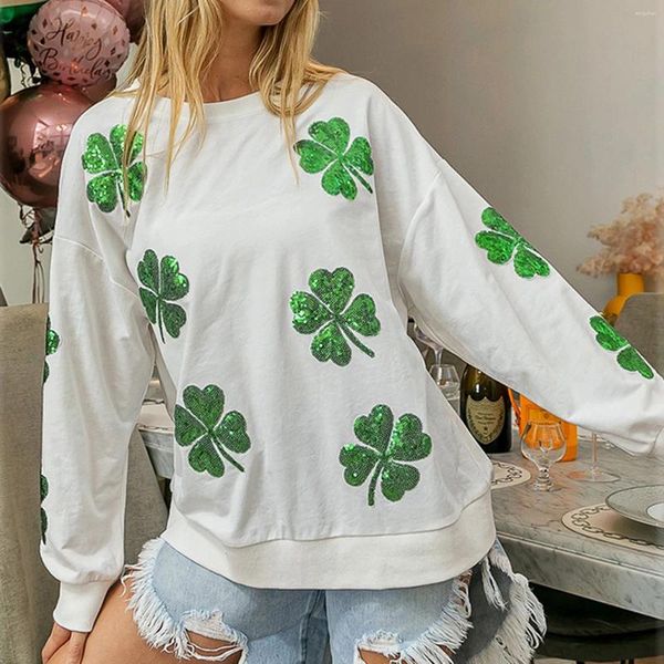 Damenpullover St. Patty's Day Kostüm-Sweatshirt mit Pailletten-Kleeblatt-Muster, langärmelig, Rundhalspullover