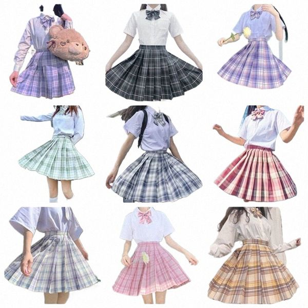 Ragazze della scuola Uniforme Gonne a pieghe Uniforme scolastica giapponese Vita alta A-line Gonna scozzese Uniformi JK sexy per la donna Set completo g6Np #