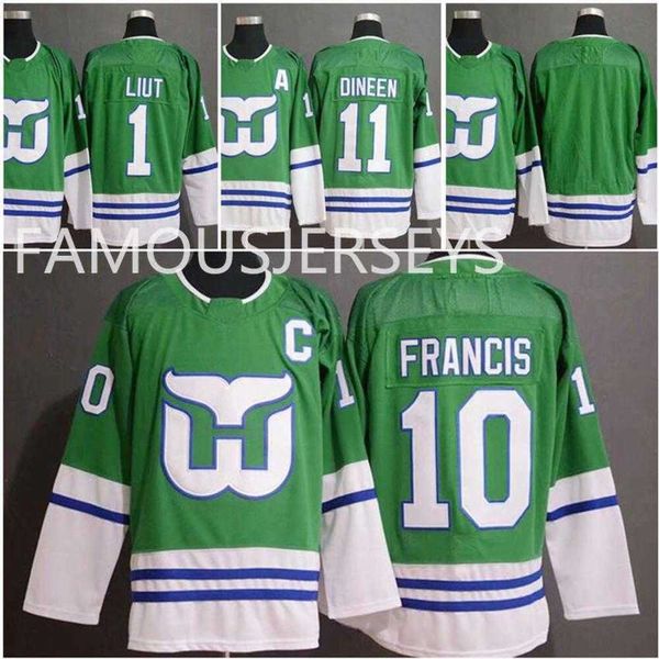 24s varış Hartford Whalers Yeni Premier Yeşil Hokey Formaları #1 Mike Liut 10 Ron Francis 11 Kevin Dineen Classic Buz Giyim