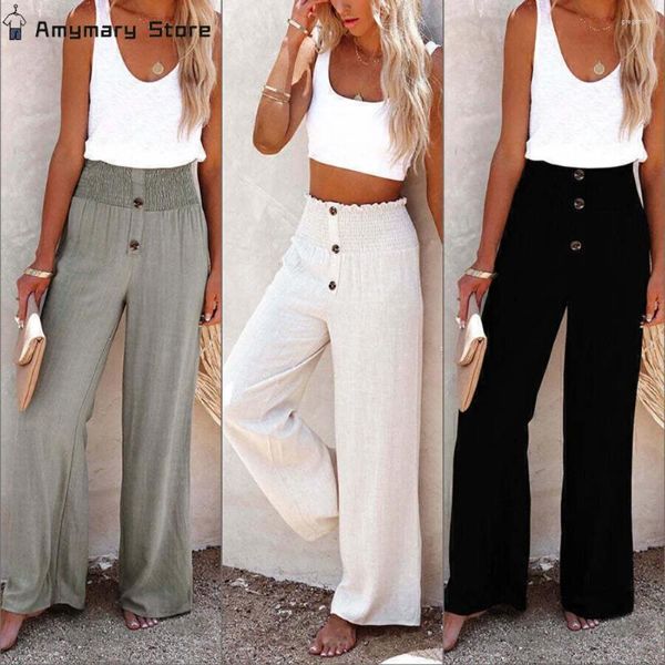 Pantaloni da donna Estate Donna Cotone Lino Gamba larga ampia Tinta unita Casual Office Lady Pantaloni lunghi dritti da spiaggia a vita alta