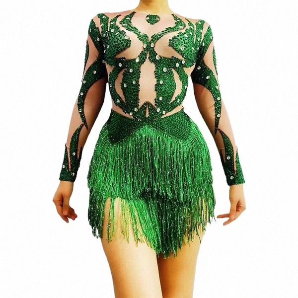 Sexy Nightclub Bar DJ Dancer Stage Fringe Collant Verde Diamd Tassel Bodysuit Apertado Latin Pole Dance Performance Bodysuit W0am #