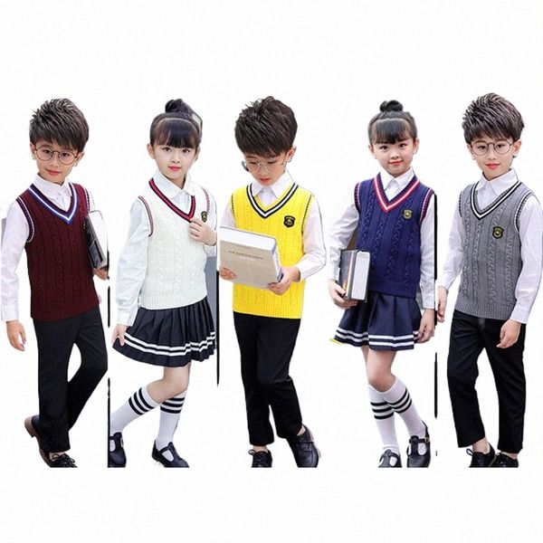 bambini uniforme scolastica Autmun inverno maglione con scollo a V delle ragazze dei ragazzi coro usura di classe 100% Cott caldo coreano stile britannico gilet 16Jr #