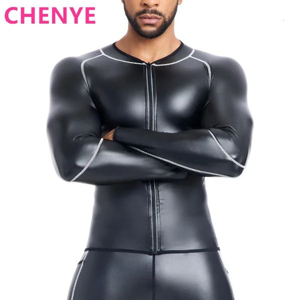 Herren Stehkragen Body Shaper Lederjacke Weiße Linie Kunstleder Langarmhemd Männliche Taillentrainer Korsetts Reißverschlusshemden 240327