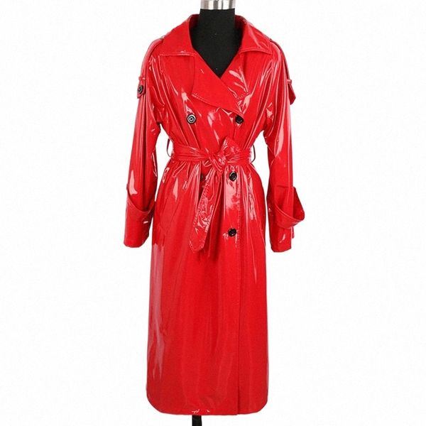 Nerazzurri Outono Lg Vermelho À Prova D 'Água Brilhante Reflexivo Patente Couro Trench Coat para Mulheres Double Breasted Plus Size Fi x4DK #