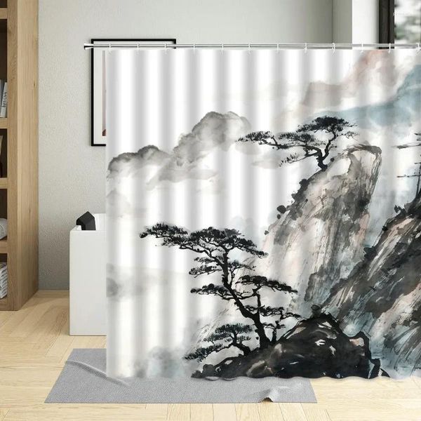 Cortinas de chuveiro estilo chinês pintura a tinta cortina paisagem cenário decoração de banheiro banho clássico à prova d'água com ganchos