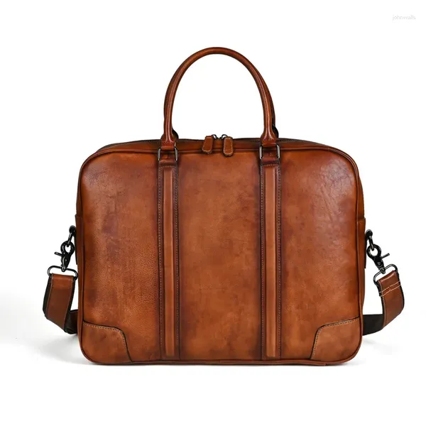 Briefzüge Highend Vintage Brown A4 Full Grain Echtes Leder 14 '' 15.6 '' Laptop Executive Office Männer Aktentasche Portfolio Messenger Tasche