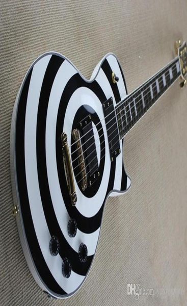 Guitarra elétrica circular preta e branca, escala de mogno, hardware dourado, oferta personalizada 5089746
