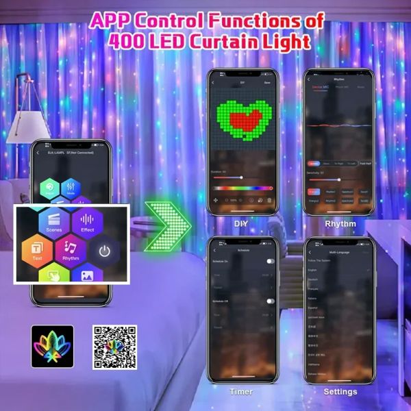 400Leds Smart Curtain Lights Bluetooth App LED String RGB Fairy Lights Diy Mush Change Display For Window Bedroom Decoração