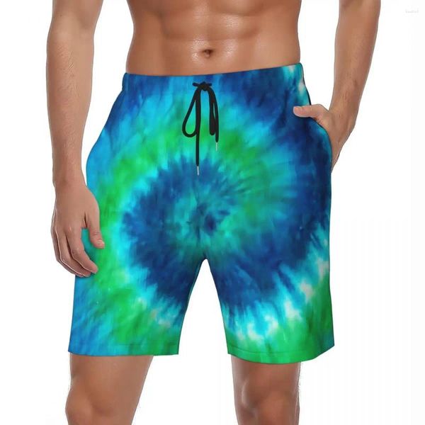 Shorts masculinos verão board homens tie dye impressão correndo padrão azul e verde praia calças curtas moda secagem rápida troncos de natação