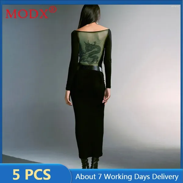 Lässige Kleider 5 Stück Massenartikel Großhandelslose für Frauen Maxikleid Einteiler Sexy Netzdruck Durchsichtig Y2k Langarm Nacht M12413