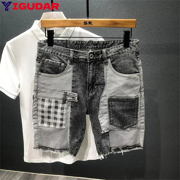 Marca de moda masculina jeans shorts buraco streetwear harajuku fino em linha reta denim shorts verão casual baggy jeans rasgados para homem 240327