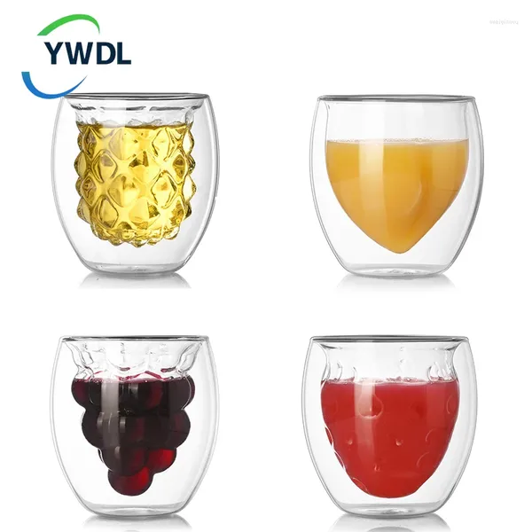 Copos de vinho ywdl copo de vidro drinkware caneca de café parede dupla criativa frutas em forma de café da manhã suco de leite para menina presente dos namorados