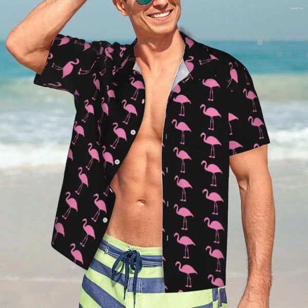 Camicie casual da uomo Divertenti uccelli Stampa Camicia hawaiana Maschile Spiaggia Fenicotteri rosa Manica corta Harajuku Grafica Vintage Camicette oversize