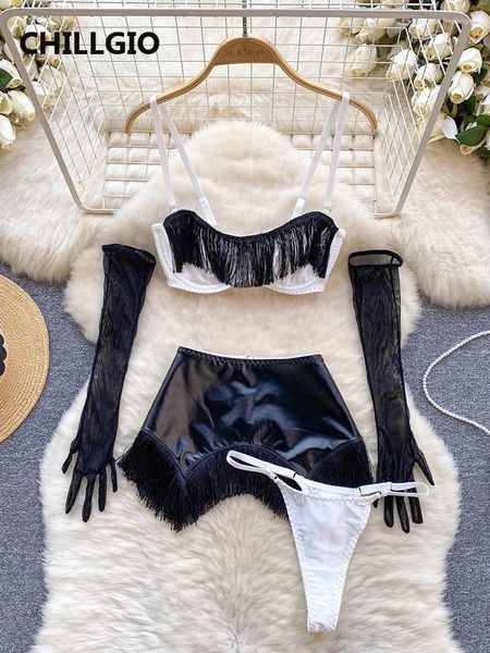 İş elbiseleri chilgio kadın pu sutyen brif bravatlar bras tangs püskül bir çizgi etek dört parça erotik sahte deri dantel iç çamaşırı kıyafetleri