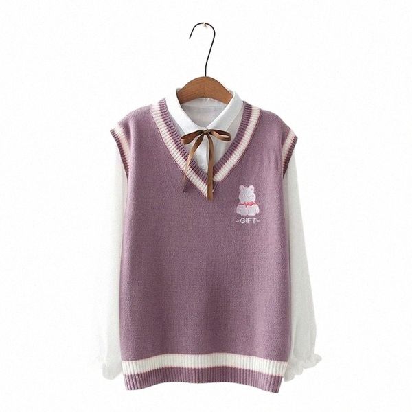 Maglione lavorato a maglia giapponese Kawaii da donna Pull Vintage Teen Girl School Uniform Vest Cute Carto Bear Ricamo Sleevel Jumper r5U7 #