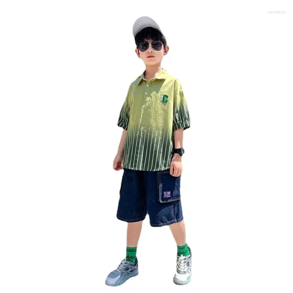 Conjuntos de roupas infantis t-shirt cardigan manga curta terno 2024 verão lapela top casual shorts meninos bonito 5-11 anos de idade