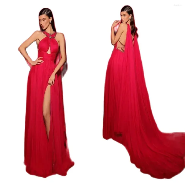 Abiti da festa Rosso con spacco alto Prom Donna Scava fuori Abito lungo sexy con nastri Abito da compleanno Abiti da sera Vestido De Novia