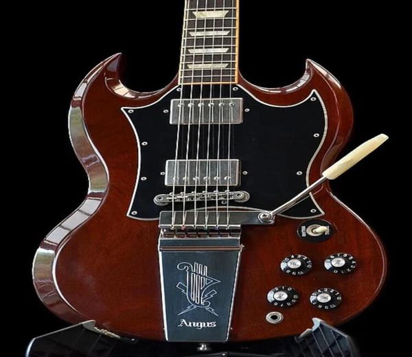 Loja personalizada Angus Young Wine Cherry Red SG Guitarra elétrica gravada Lyre Long Vibrola Maestro tremolo Pérola trapezoidal incrustação Tuil9871982