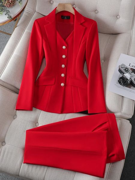 Mode Weiß Rot Schwarz Blazer Jacke Und Hose Anzug Hose Frauen Weibliche Büro Damen Arbeitskleidung Formale 2 Stück Set 240320