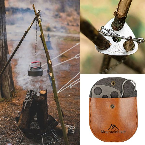 Ferramentas ao ar livre tripé cabide de aço inoxidável comprimento ajustável saco armazenamento couro acampamento caminhadas bushcraft cozinhar pendurado pote grill