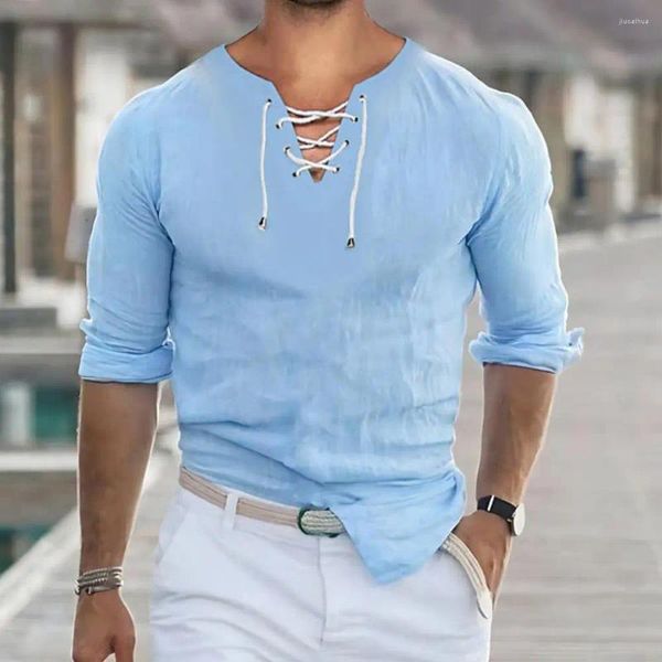 Camisas casuais masculinas camisa elegante laço-up v pescoço com ajuste fino design retro para primavera outono tecido respirável macio diário