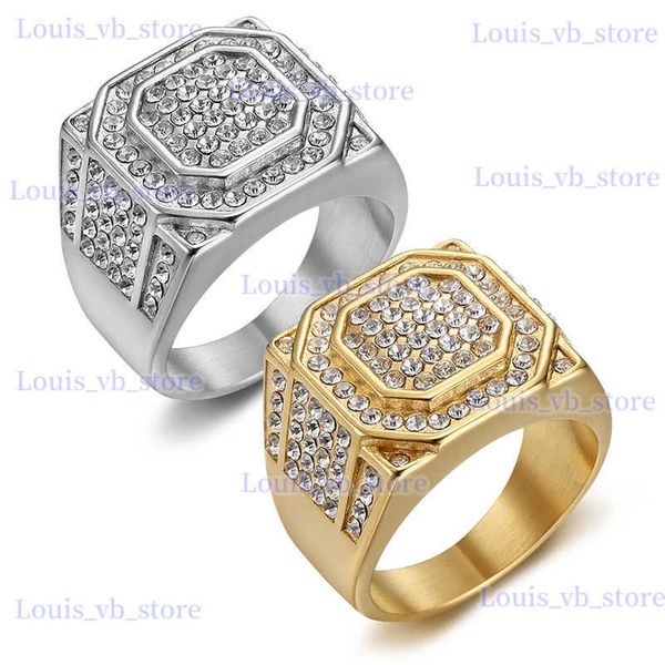 Bandringe Hip Hop Bling Ice Out Voller Strass Geometrischer Sechseck Herrenring Gold Silber Farbe Edelstahlringe für Männer Schmuck T240330