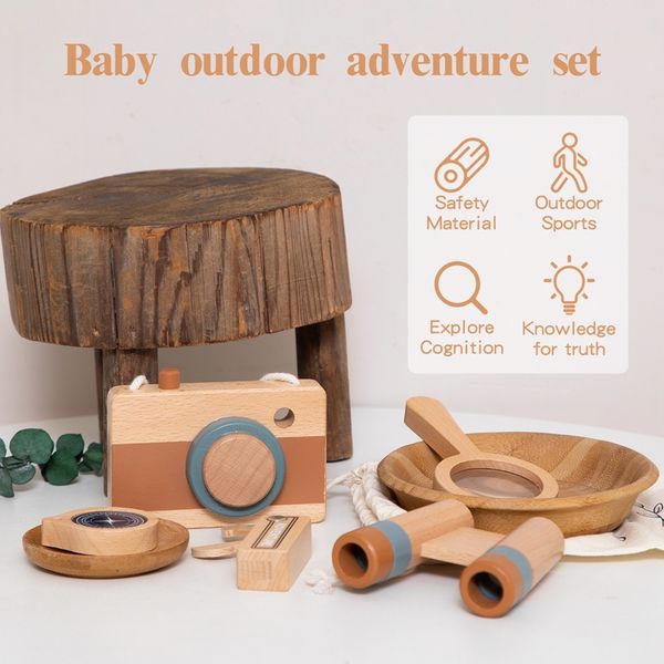 5pcs Outdoor -Abenteuer -Set Holzspielzeug Holzkamera, Lupenglas, Teleskop, Kompass, Holzmesser DIY Outdoor -Abenteuer -Set
