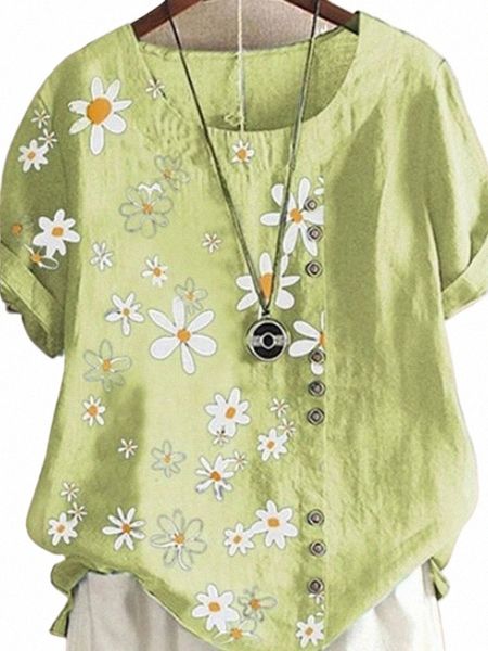 Mulheres plus size casual cott linho camiseta topo verão floral impresso harajuku manga curta em torno do pescoço vintage solto verão t camisa s112 #