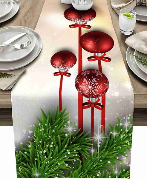 Настольный бегун Рождественская елка Ветка Красный шар Льняные дорожки Комод Шарфы Декор Рождественские украшения для столовой yq240330