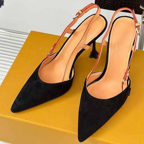 Novo 24ss sandálias pontiagudas sandálias de estilingue famoso designer feminino luxo personalizado pele de cordeiro marca famosa sapato clássico solas de couro genuíno sapatos de salto alto