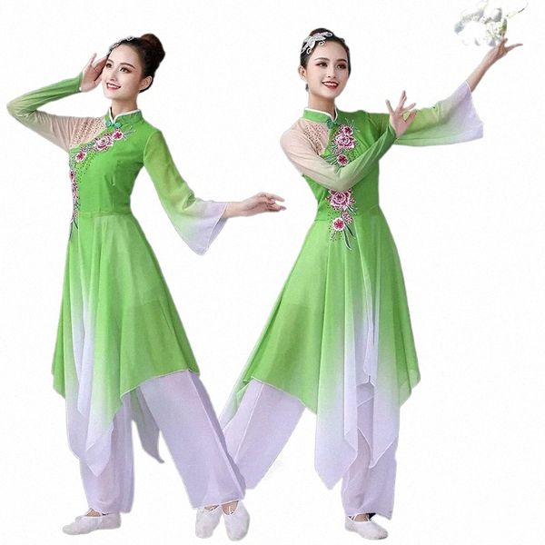 Китайский народный танец Классические танцевальные костюмы Янко для взрослых Элегантный костюм фаната с вышивкой Древняя одежда Ханфу Одежда для кадриль k4es #